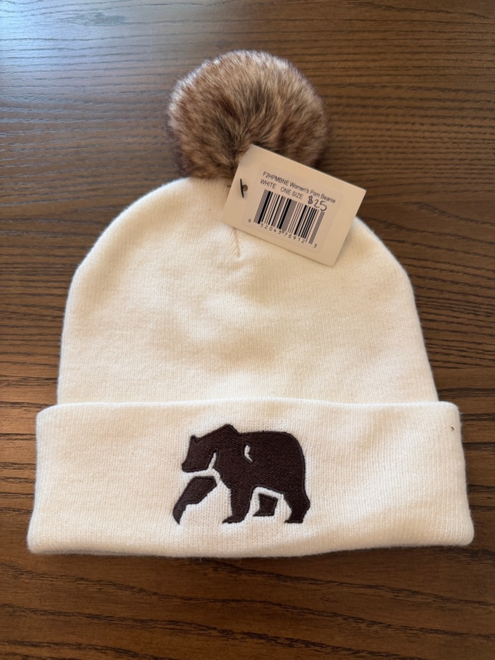 The Normal Brand White Beanie with Brown Bear Patch & Fur Pom